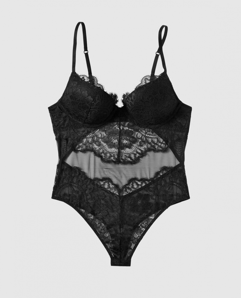 La Senza Push Up Lace Bodysuit Women Lingerie Black | kLBhWqqc