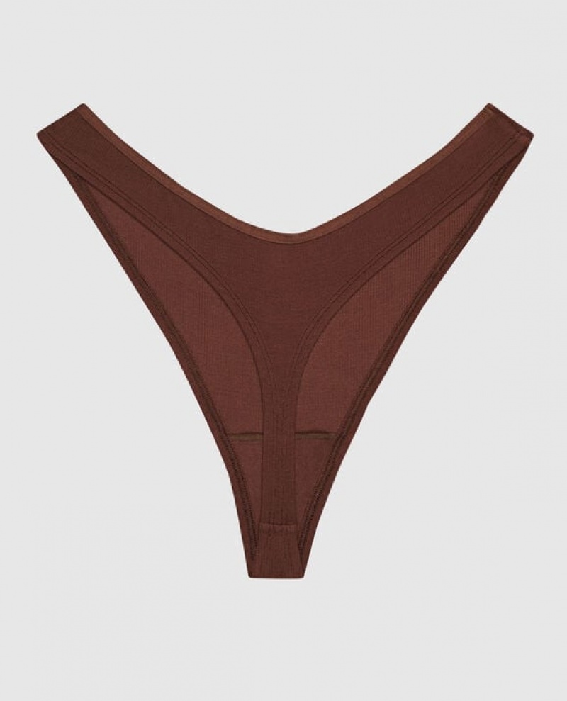 La Senza Ribbed High Leg Thong Panty Women Underwear Root Beer | VKh2onhV