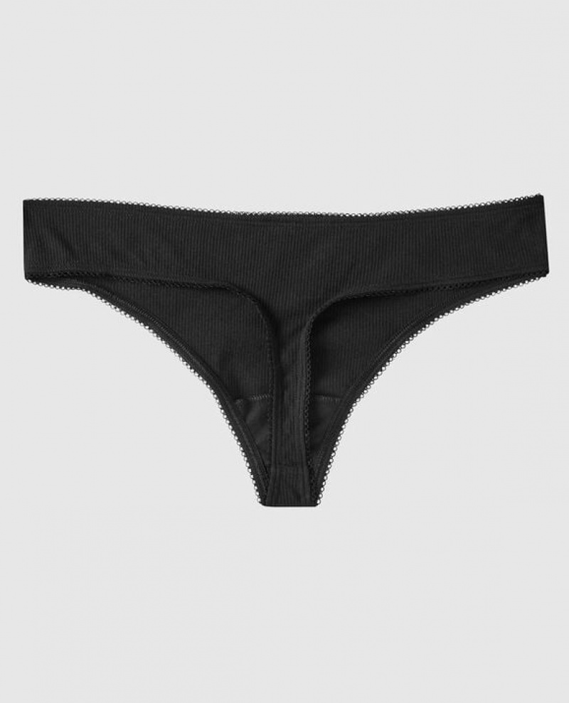 La Senza Ribbed Thong Panty Women Underwear Black | gLpeTcrl