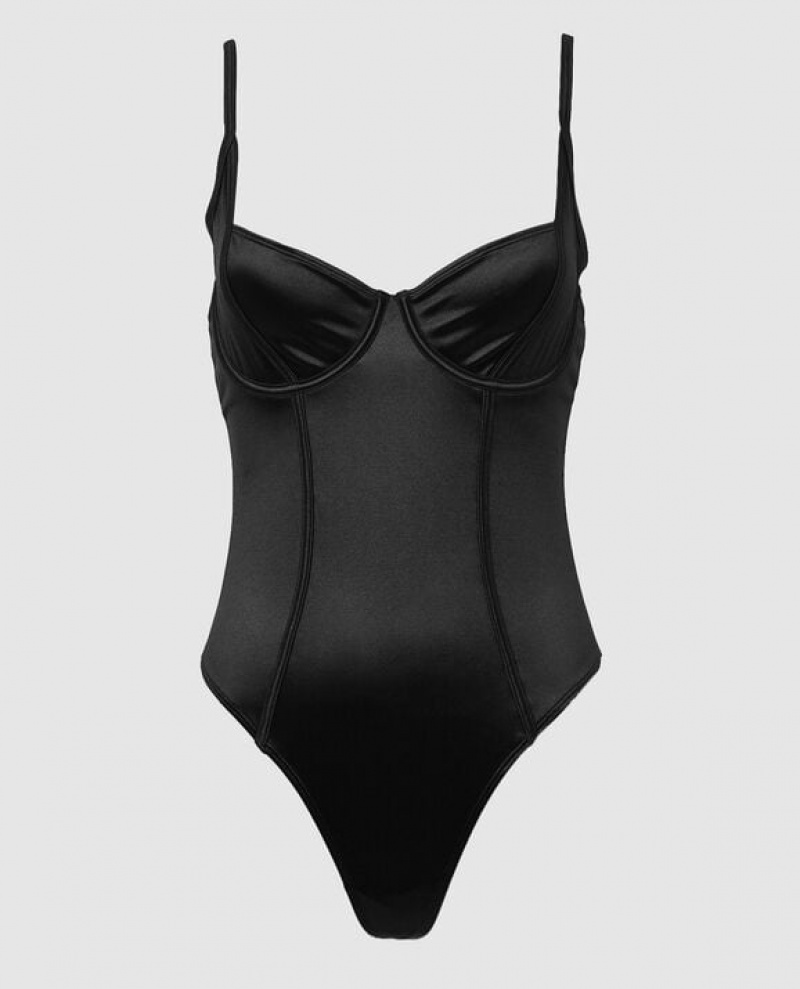 La Senza Unlined Satin Bodysuit Women Lingerie Black | GVklRHq8