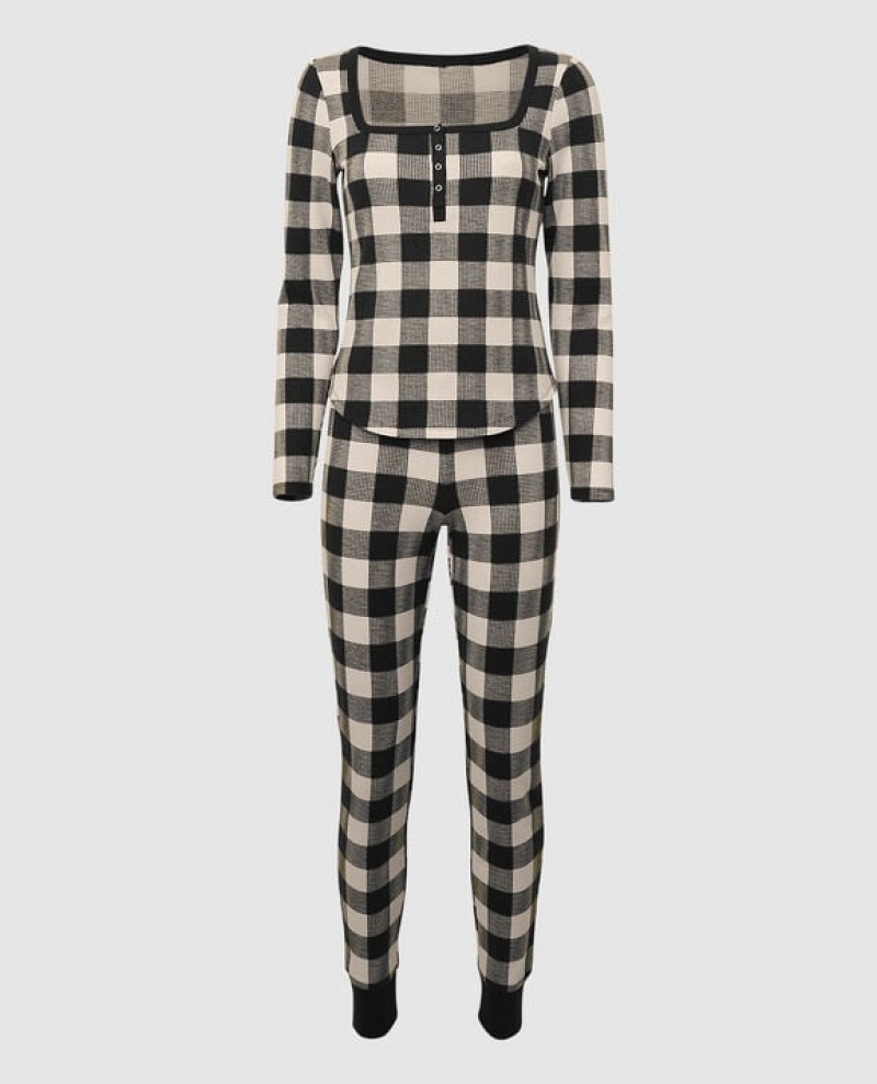 La Senza Waffle Henley Women Sleepwear Festive Check | ySUBBmX0